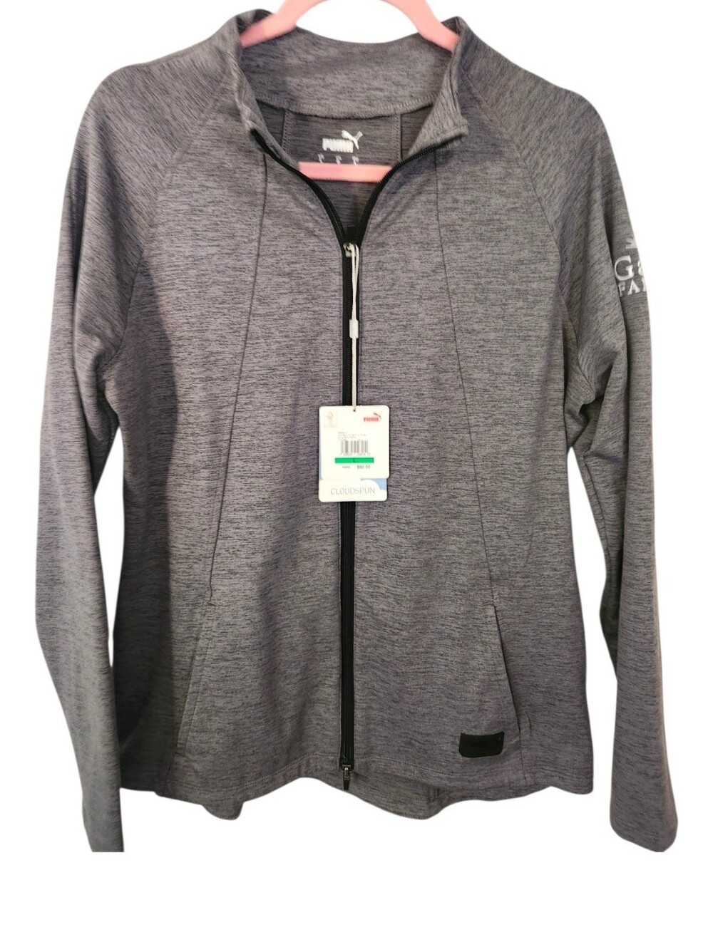 PUMA Women's Cloudspun Full Zip Warm-up Jacket Black Heather Pockets Size LG NWT